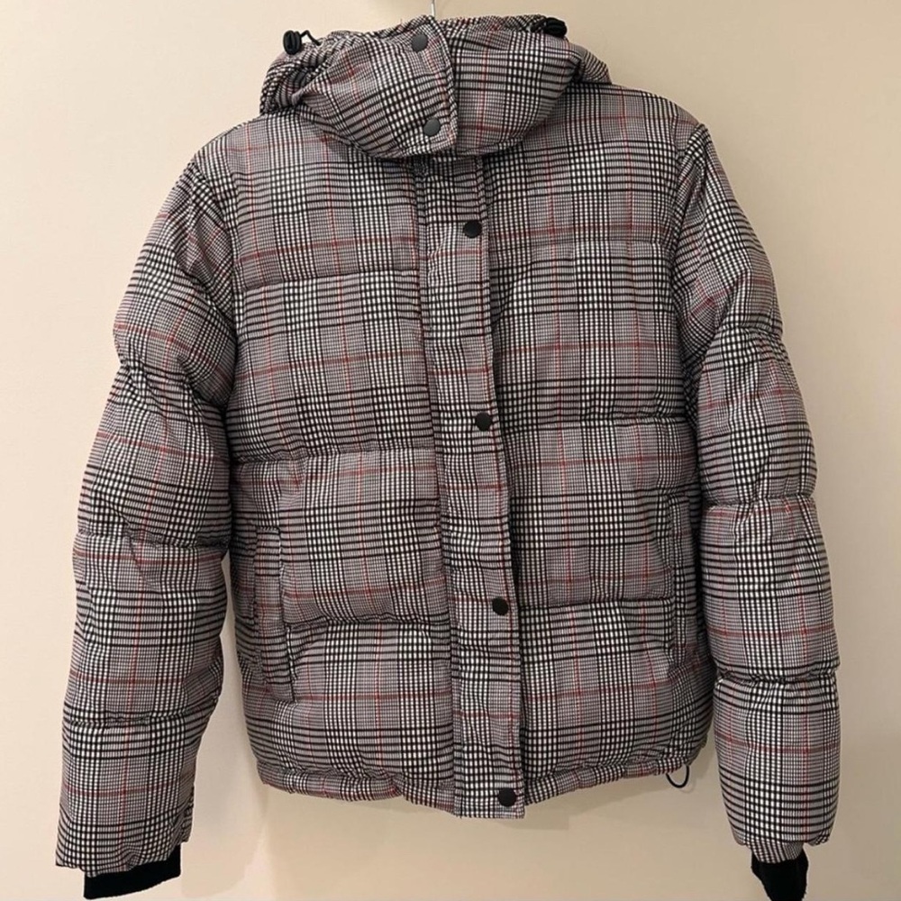 QED London Black and Red Checkered Puffer Jacket